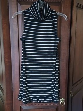 The Limited Black and White Striped Sleeveless Turtleneck Tunic